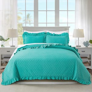 3-Piece Turquoise Microfiber King Ruffled Quilt Set