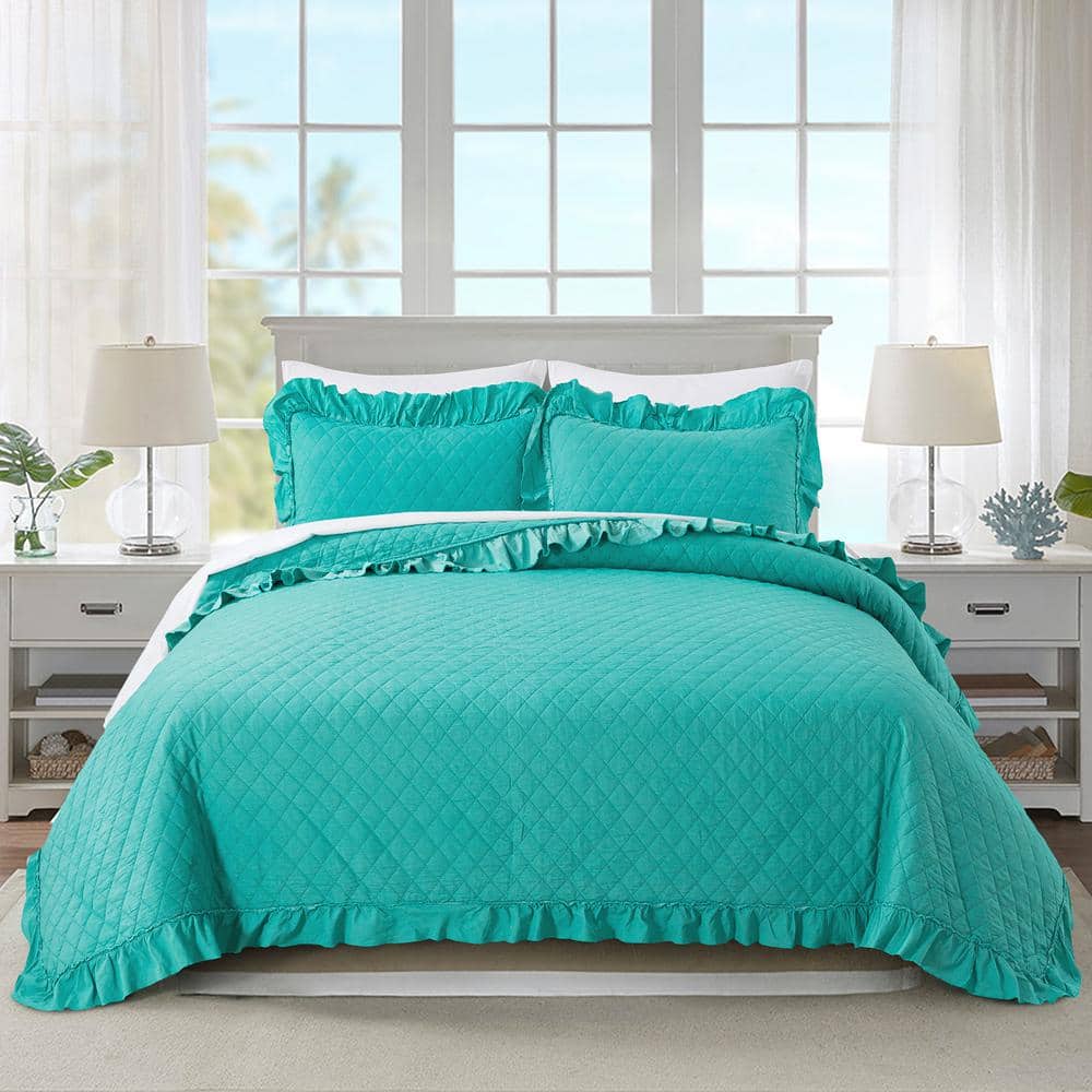 JML 3Piece Turquoise Microfiber Queen Ruffled Quilt Set QSM065Q