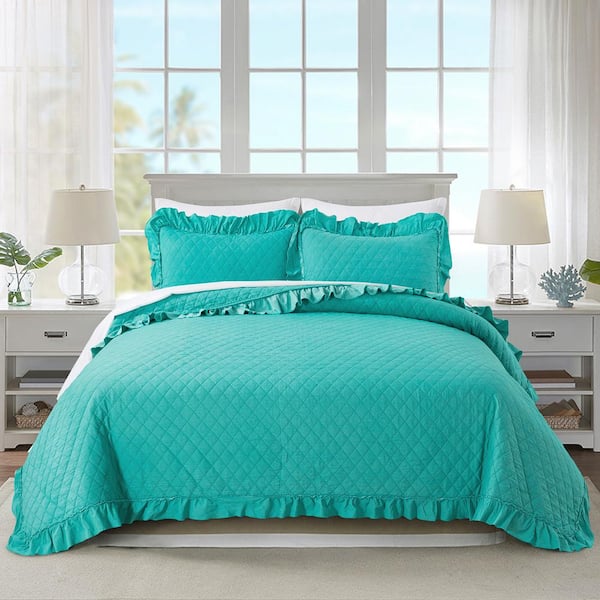 3-Piece Turquoise Microfiber Queen Ruffled Quilt Set