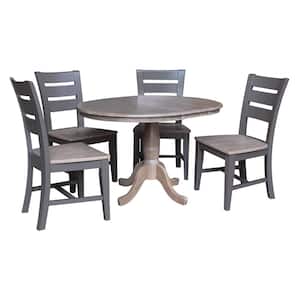 Set of 5-Pieces - Washed Gray Taupe 36 in. Solid Wood Round Top Extension Dining table with 4 Side Chairs