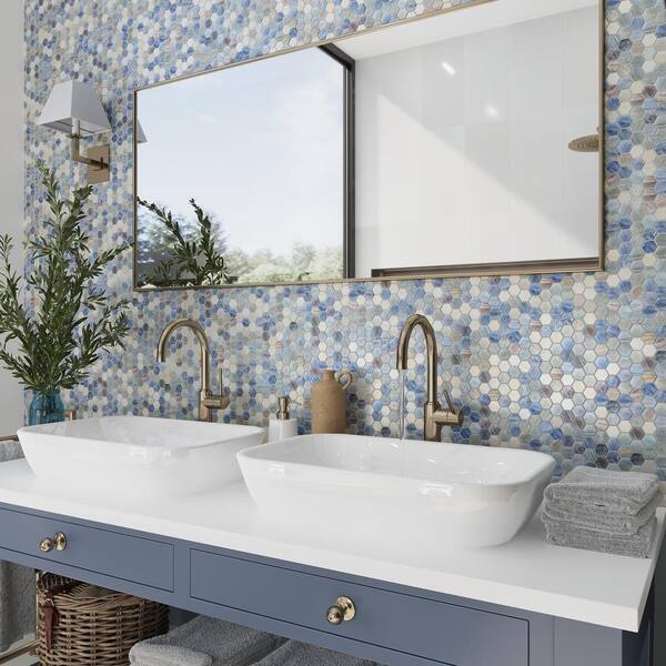 Apollo Tile Light Blue 4 in. x 5 in. Hexagon Polished Glass Mosaic