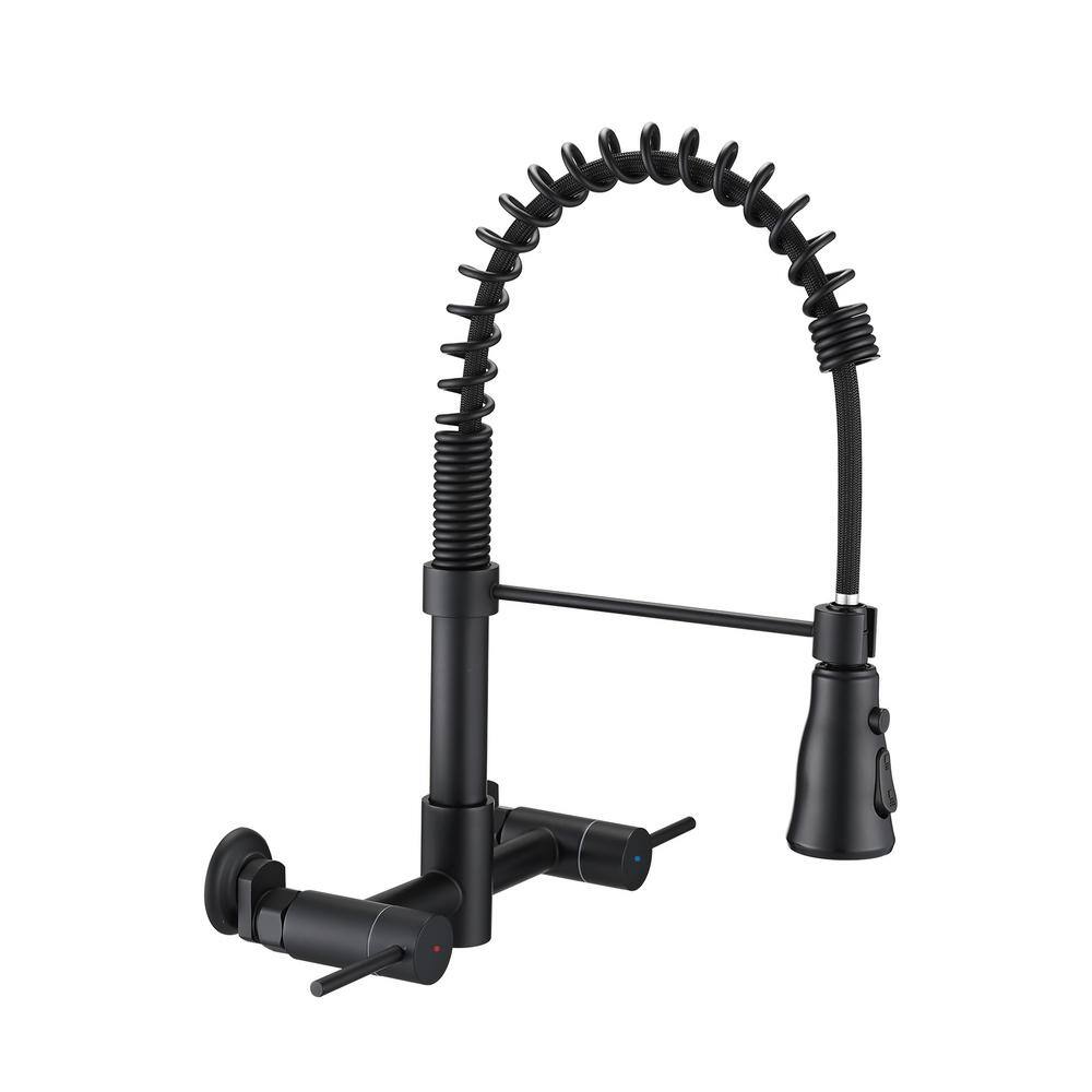 Double Handle Wall Mounted Bridge Kitchen Faucet with Pull-Down Sprayer Kitchen Faucet in Matte Black price history on PriceWatchPro
