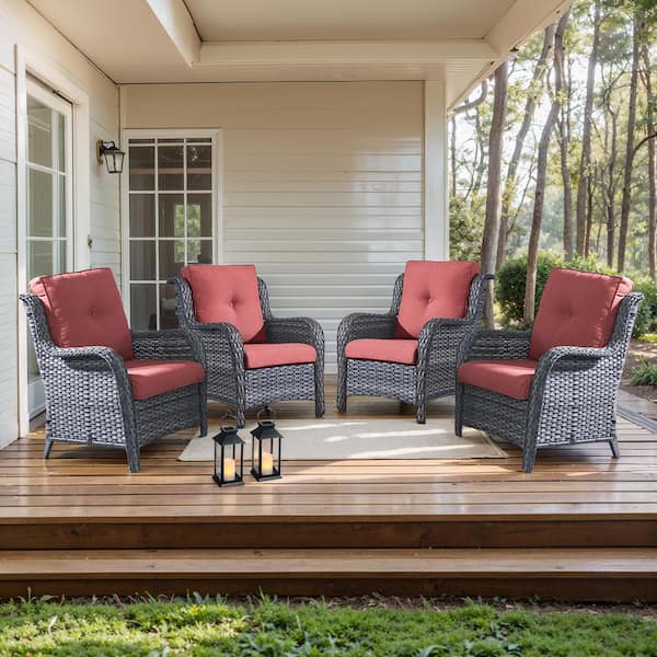 moosprr Curved Arm Patio Gray Wicker Outdoor Lounge Chair with Red Olefin Cushions and Curved Armrest (4-Piece)