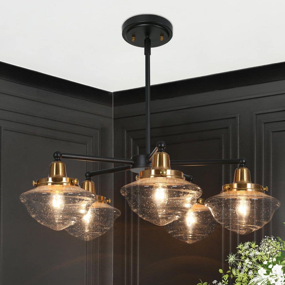 Zevni 22.5 in. 5-Light Brass-Plated Round Chandelier, Seeded Glass