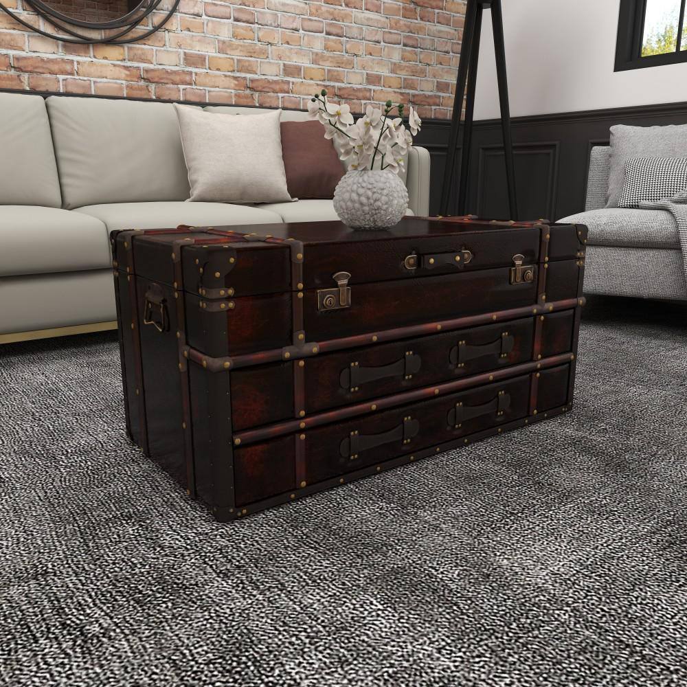 Vintage Brown Wood Trunk Coffee Table with Storage