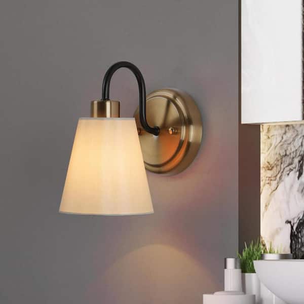 LNC Modern Classic 1-Light Plated Brass and Black Wall Sconce with White Cone Fabric Shade