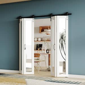 72 in. x 84 in .(36''x 2)1-Lite Mirrored Glass Bi-Fold White MDF Solid Core Sliding Barn Door with Hardware Kits .