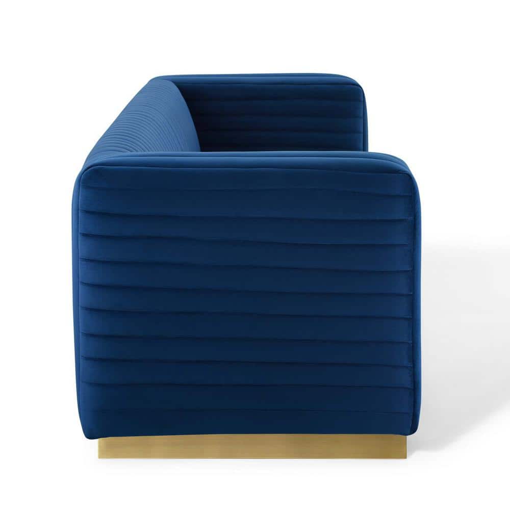 Navy Velvet Tufted Tuxedo Sofa with Gold Stainless Steel Base, 96.5"