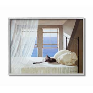 "Cat Resting on White Oceanside Bed Nautical Painting" by Zhen-Huan Lu Framed Animal Wall Art Print 16 in. x 20 in.