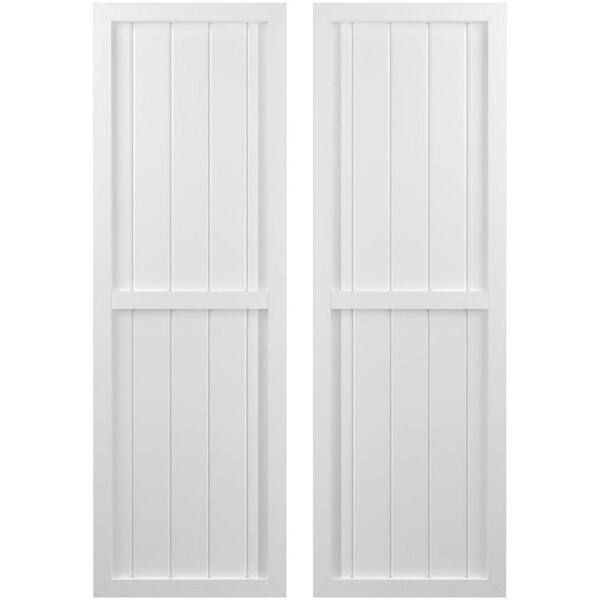 Ekena Millwork 17-1/2 in. W x 38 in. H Americraft 5-Board Exterior Real Wood 2 Equal Panel Framed Board and Batten Shutters in White