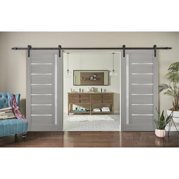 Assemble Required 56 in. x 84 in. Single Panel Gray Finished Solid MDF Sliding Door with Double Barn Black Kit