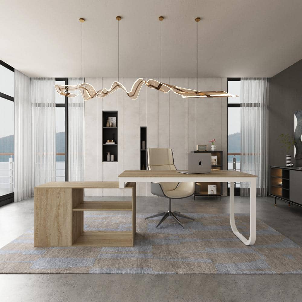 FUFU&GAGA 55.1 in. L-Shaped Beige Wood Computer Desk Writing Desk Office Executive Desk W/Removable Tabletop, Shelves, 3-Drawers