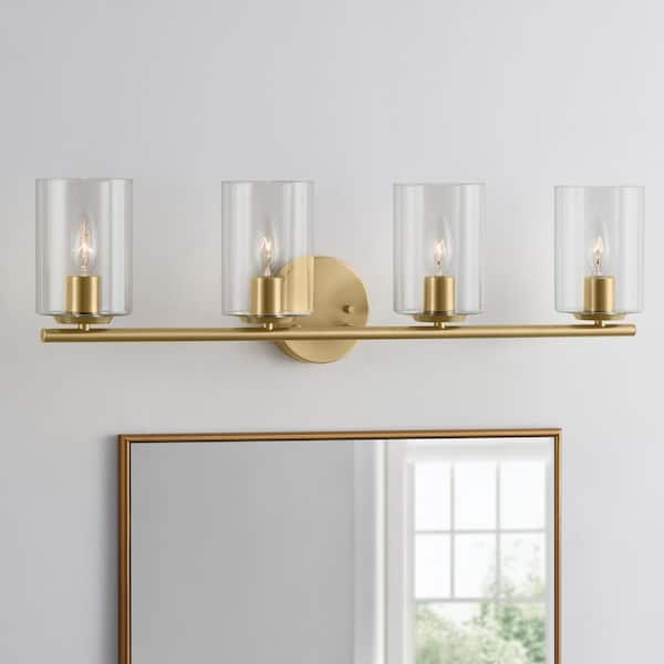 Hampton Bay Champlain 31-1/2 in. 4-Light Satin Brass Modern Bathroom Vanity Light with Clear Glass Shades