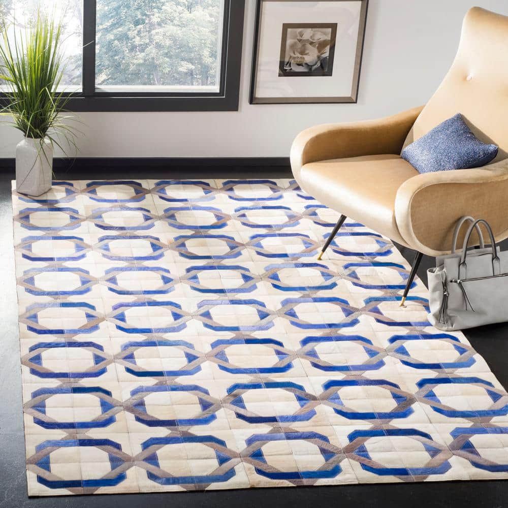 Ivory Geometric Hand-Stitched Cowhide 3' x 5' Area Rug