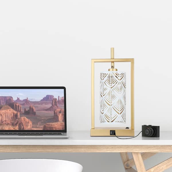 River of Goods Ilsa 17 in. White and Gold Metal Mid-Century Modern USB Table Lamp with Block Base