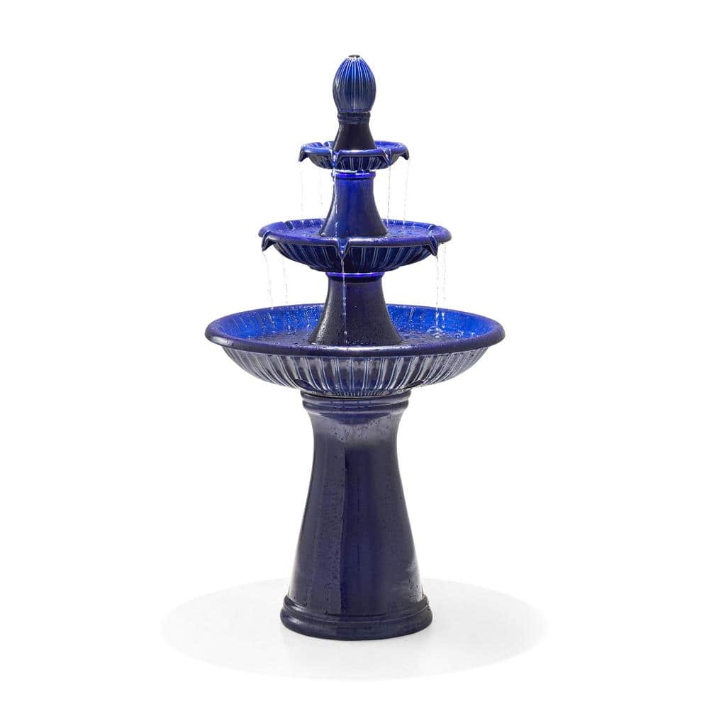 45.25" Cobalt Blue Ceramic 3-Tier Outdoor Fountain with LED Light