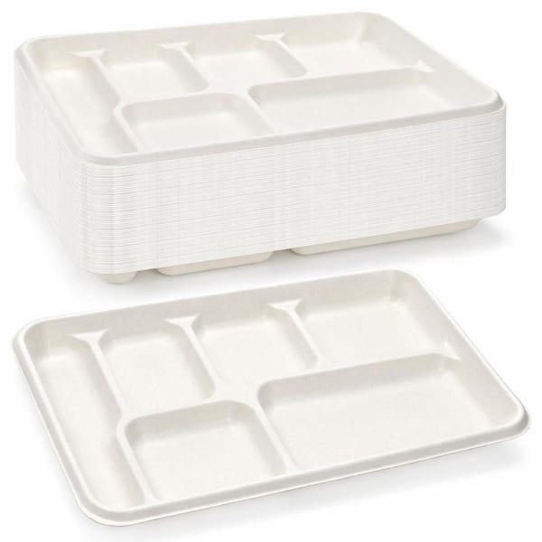 Plates Plastic 6 in. White White Family Disposable Sugarcane-Fiber Tableware Tray 6-Compartment 60 Pack Per Case