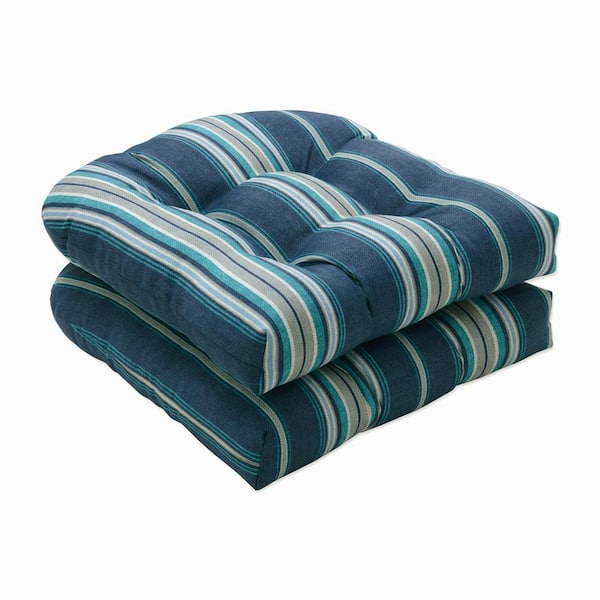 Pillow Perfect Striped 19 in. x 19 in. Outdoor Dining Chair Cushion in Blue/Grey/Off-White (Set of 2)