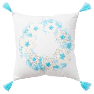 Holiday Ivory/Aqua Poinsettia Wreath Cotton Poly Filled Decorative 20 in. x 20 in. Throw Pillow