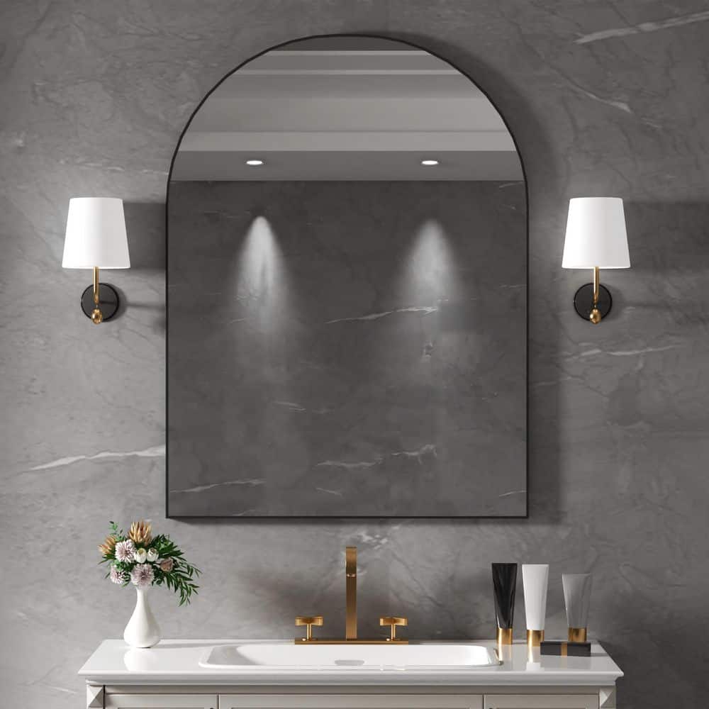 30 in. W x 40 in. H Arched Aluminum Framed Wall Bathroom Vanity Mirror in Glossy Black price history on PriceWatchPro