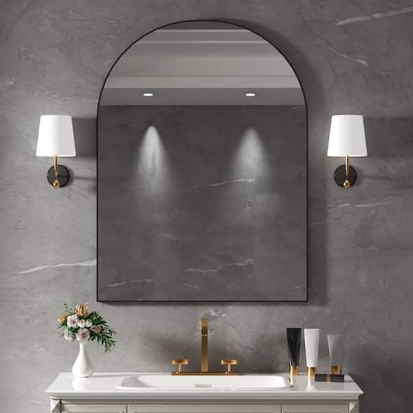 30 in. W x 40 in. H Arched Aluminum Framed Wall Bathroom Vanity Mirror in Glossy Black