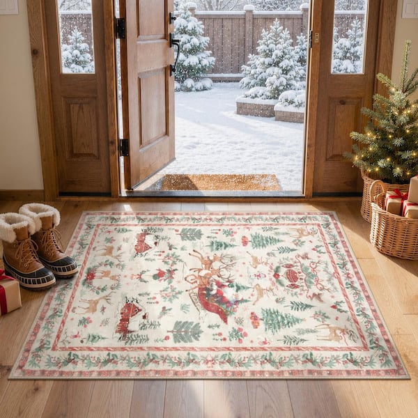 2 ft. x 3 ft. Beige Holiday Woodland Washable Area Rug