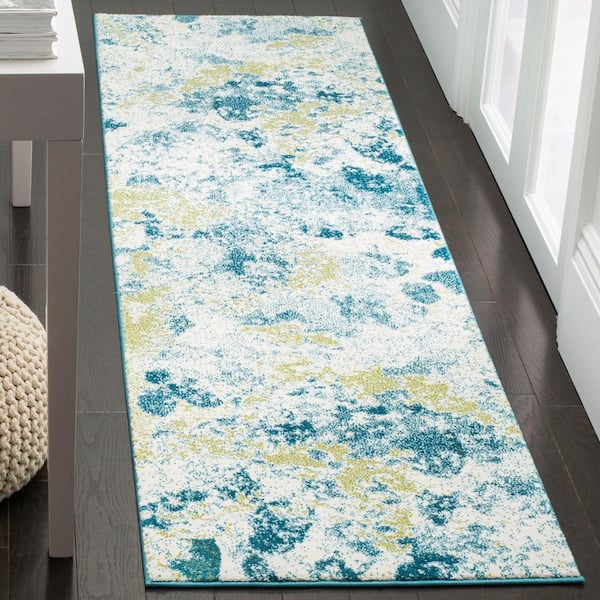 Watercolor 2 ft. x 10 ft. Ivory/Light Blue Abstract Watercolor Runner Rug