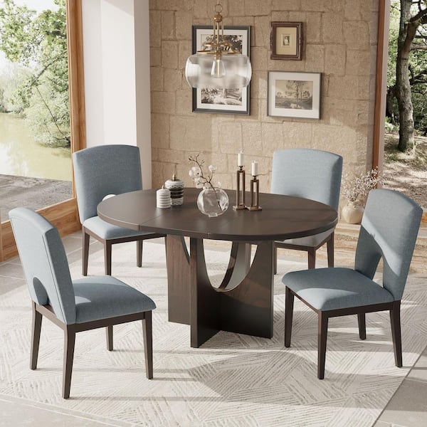 Harper & Bright Designs Espresso 5-Piece Color Wood Top Extendable Dining Table with 16.2 inch Removable Leaf, 4 Gray Linen Upholstered Chairs