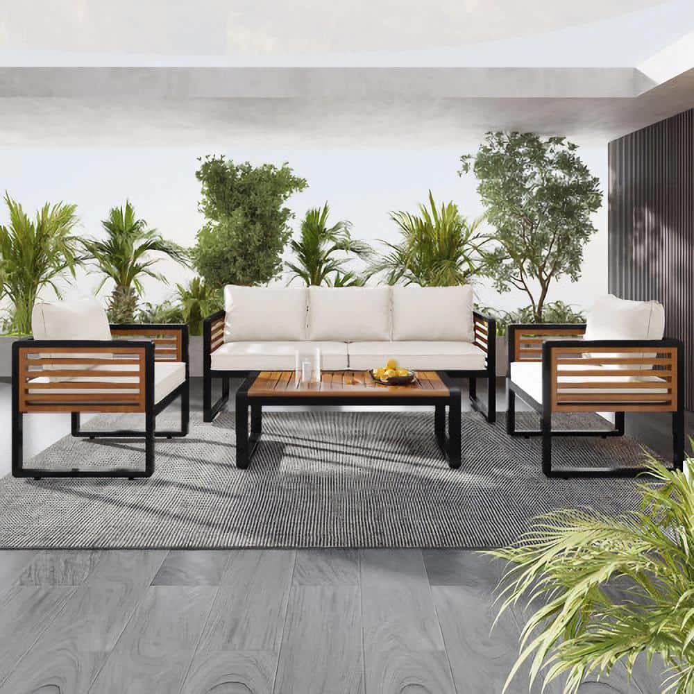 Large 4-pc Teak Outdoor Loveseat set, 5 Person, with Thick Cushions, Metal 