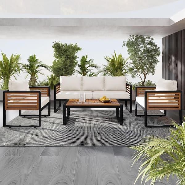 Unbranded Large 4-pc Teak Outdoor Loveseat set, 5 Person, with Thick Cushions, Metal and Wood Frame, Acacia Tabletop, Beige.