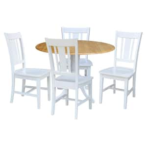 5-Piece 42 in. White and Natural Dual Drop Leaf Table Set with 4-Side chairs