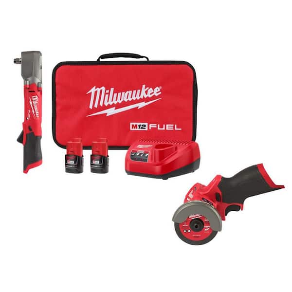 M12 FUEL 12V Lithium-Ion Brushless Cordless 1/2 in. Right Angle Impact Wrench Kit with Two 2.0Ah Batteries & Cut Off Saw