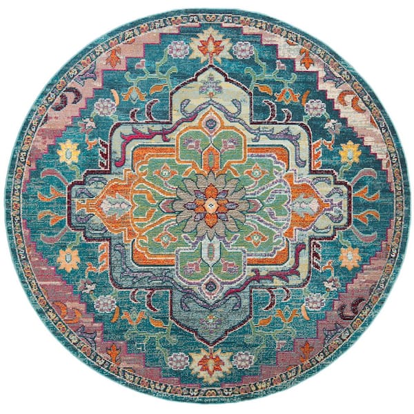 Crystal 8 ft. x 8 ft. Teal/Rose Oriental Round Rug