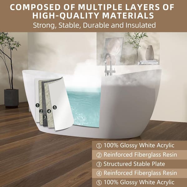 Zeafive Dazy 69 in. x 33 in. Freestanding White Soaking Bathtub