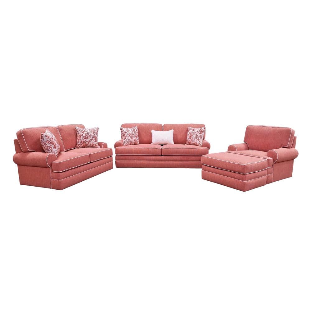 Coral and Ivory Coastal Linen-Blend Upholstered Ottoman