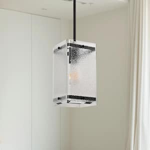 1-Light Black Pendant Hanging Light with Stone Textured and Beveled Edge Glass Shade