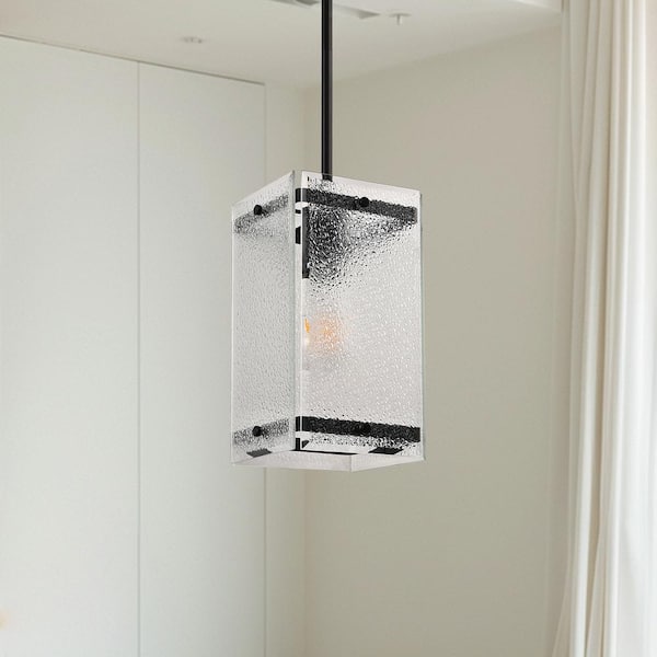 YANSUN 1-Light Black Pendant Hanging Light with Stone Textured and Beveled Edge Glass Shade