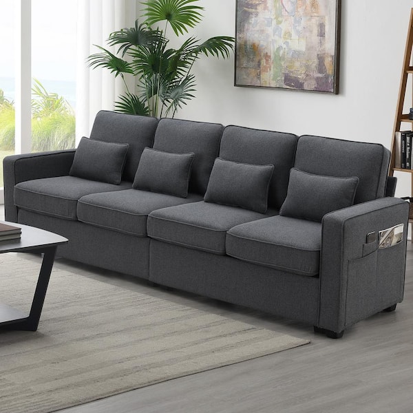104.00 in. Polyester Rectangle Sectional Sofa in. Dark Gray with Armrest Pockets and 4 Pillows