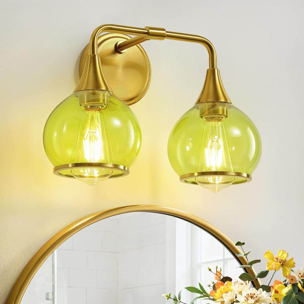 14 in. 2-Light Gold Vanity Light Bathroom Light Fixture Modern Over Mirror Wall Lamp With Clear Green Globe Glass Shades price history on PriceWatchPro
