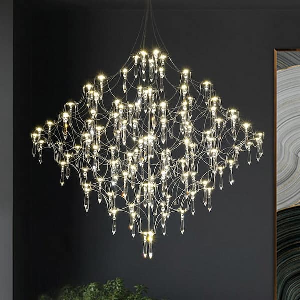 Estrella 1-Light 43.3 in. Crystal Chandelier in Silver Modern Starburst Ceiling Light for Entryways Large Dining Room