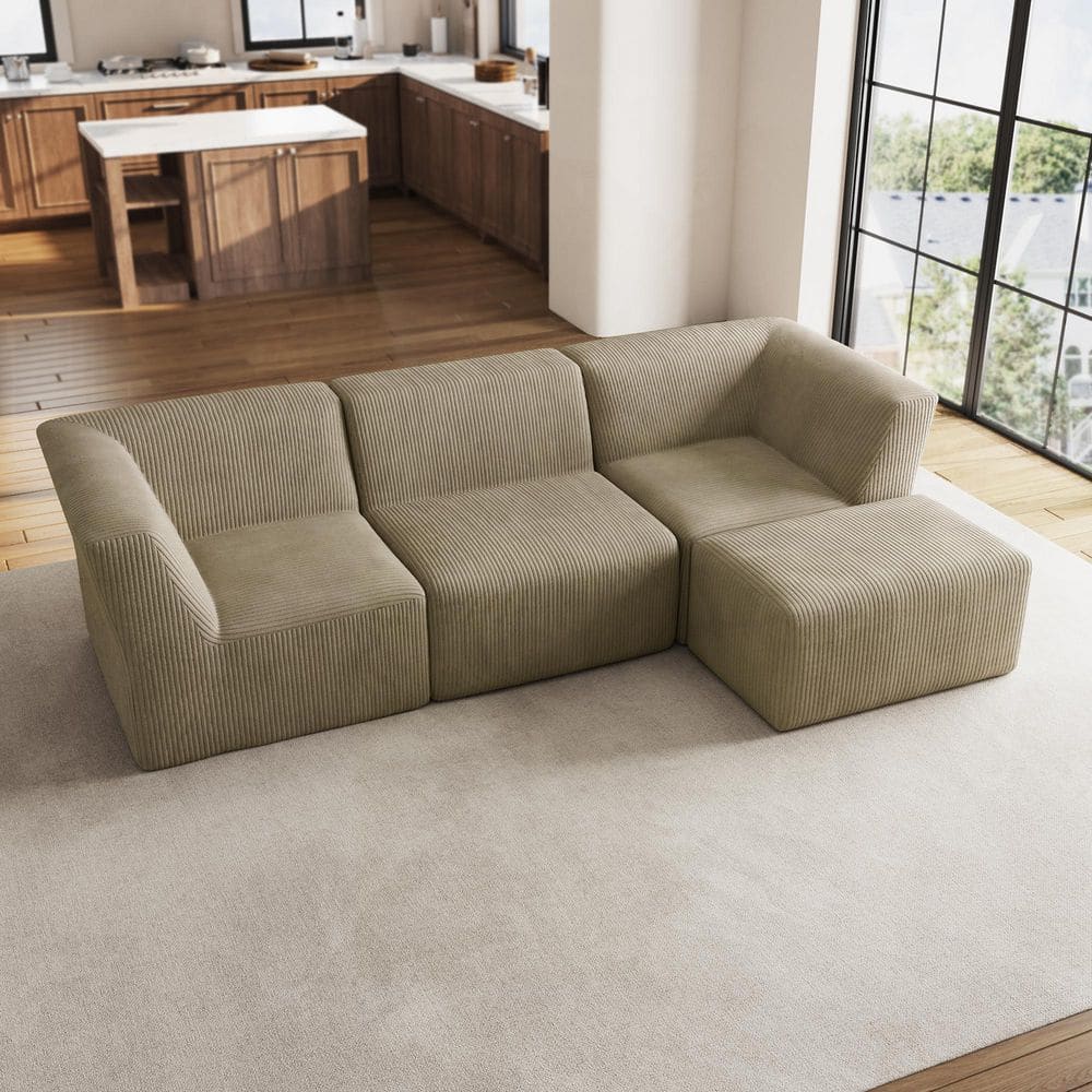106.15 in. Modern Square Arm 4-Piece Corduroy Sectional Sofa in Khaki With Ottoman