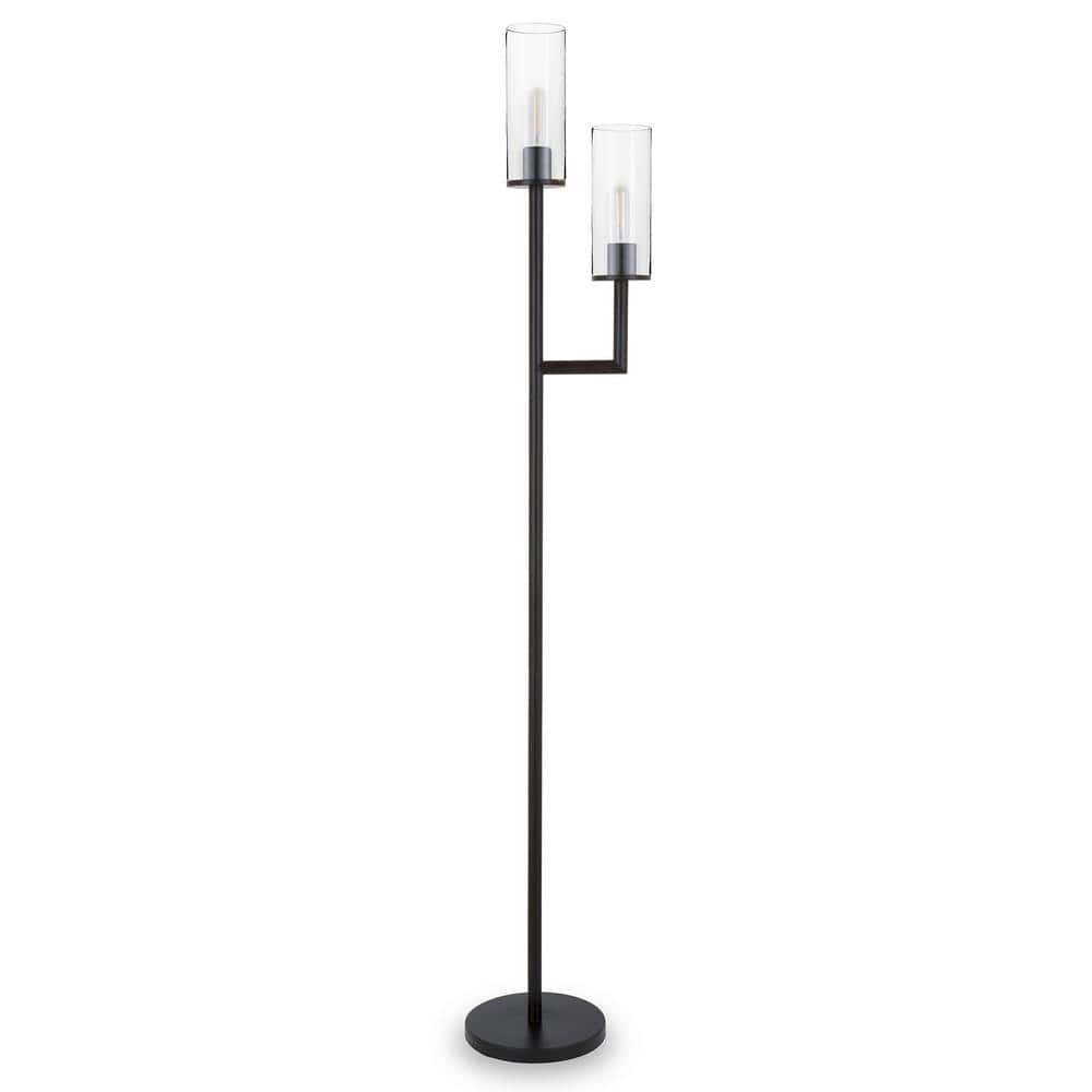Basso Brushed Bronze Torchiere Floor Lamp with Clear Glass Shade