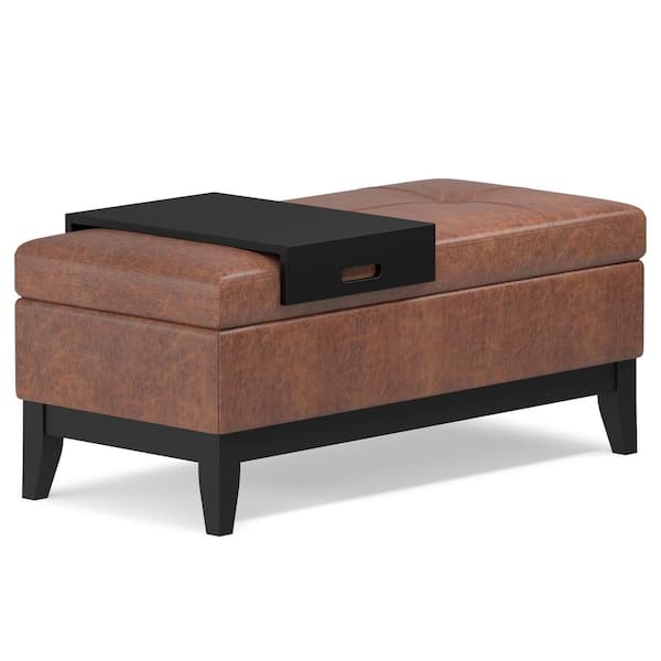 Oregon 42 in. Rectangle Storage Ottoman Bench with Tray in Distressed Saddle Brown Vegan Faux Leather, Assembled