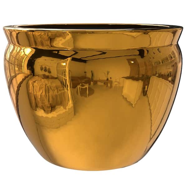 Oriental Furniture 14 in. Solid Gold Porcelain Fishbowl