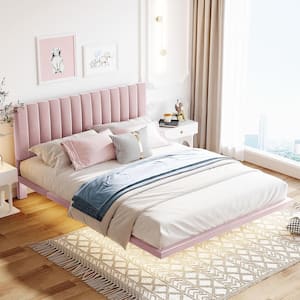 Floating Style Pink Wood Frame Queen Size Upholstered Platform Bed with Sensor Light