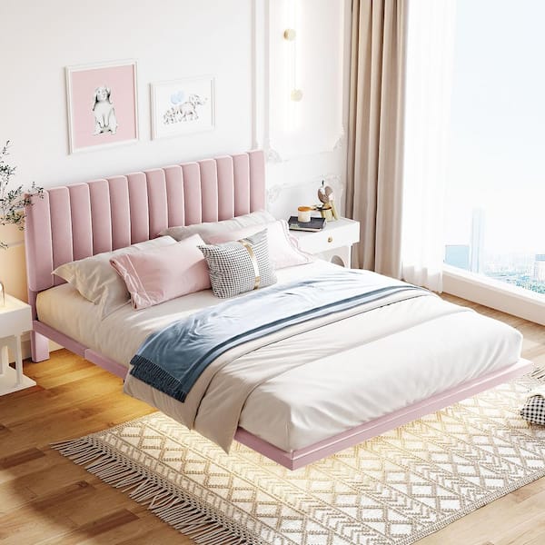 Harper & Bright Designs Floating Style Pink Wood Frame Queen Size Upholstered Platform Bed with Sensor Light