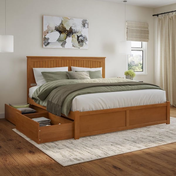 Nantucket Light Toffee Natural Bronze Solid Wood Frame King Platform Bed with Footboard and Storage Drawers