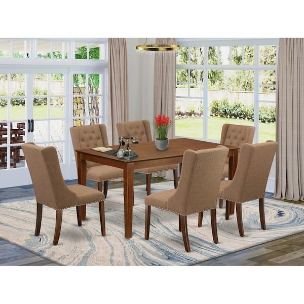 East West Furniture 7-Piece Mahogany Finish Solid Wood Top Dining Table with 6 Chairs with Lattice Back