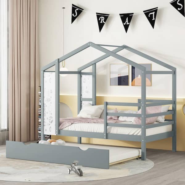 Harper & Bright Designs Gray Wood Frame Twin Size House Platform Bed with Blackboard, Twin Size Trundle, Fence Bedrails