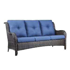3 Seat Wicker Outdoor Patio Sofa Couch with Deep Seating and Cushions, Suitable for Porch Deck Balcony (Brown/Blue)